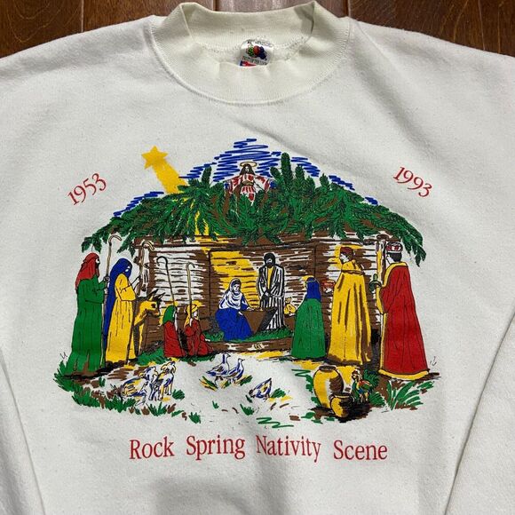 Fruit Of The Loom Vintage 1993 Nativity Scene Crewneck Sweatshirt White Mens XL - Picture 2 of 7